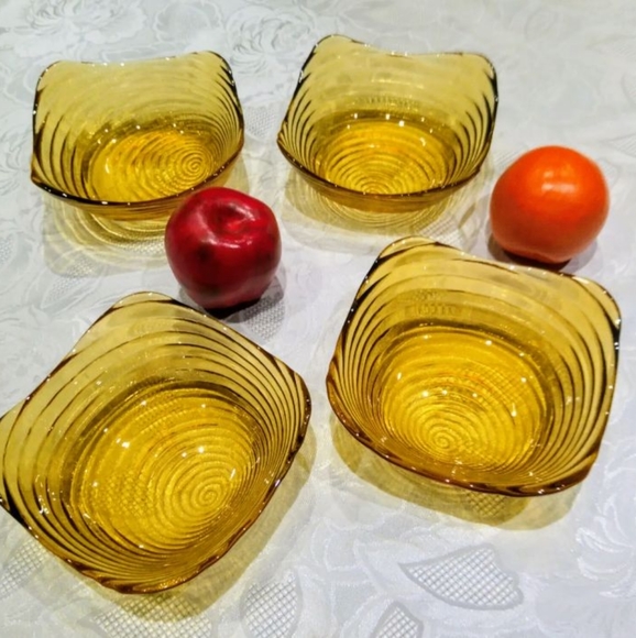 4 hand blown amber swirl, salade bowls - Picture 6 of 15